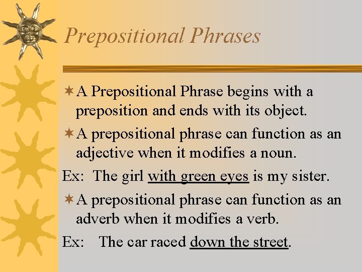 Prepositional Phrases ¬A Prepositional Phrase begins with a preposition and ends with its object.