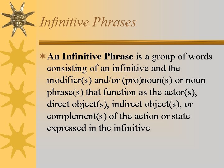 Infinitive Phrases ¬An Infinitive Phrase is a group of words consisting of an infinitive