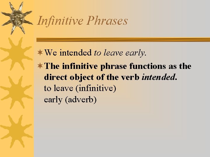 Infinitive Phrases ¬We intended to leave early. ¬The infinitive phrase functions as the direct