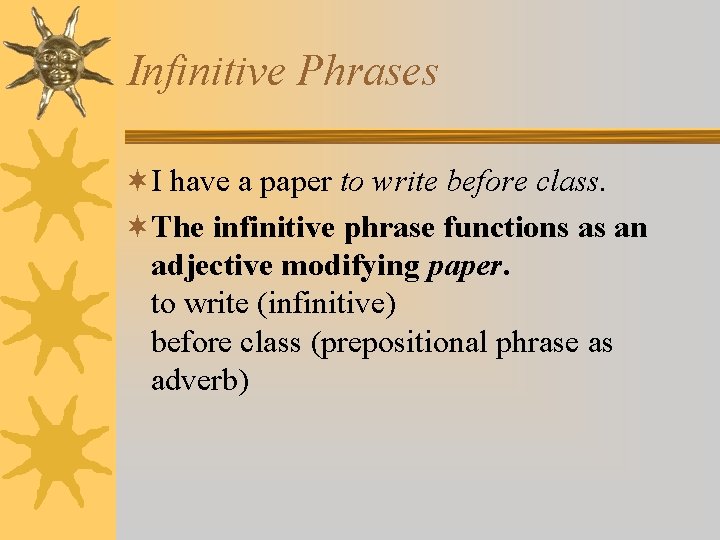 Infinitive Phrases ¬I have a paper to write before class. ¬The infinitive phrase functions