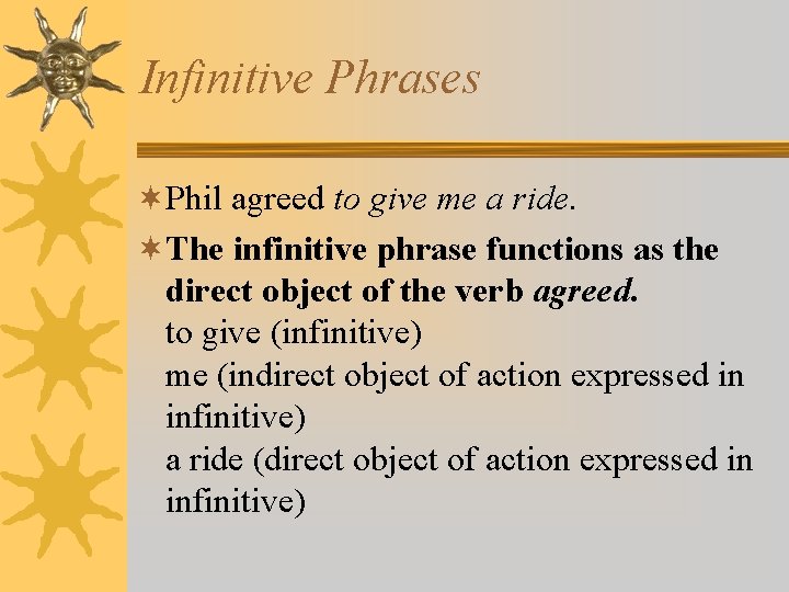 Infinitive Phrases ¬Phil agreed to give me a ride. ¬The infinitive phrase functions as