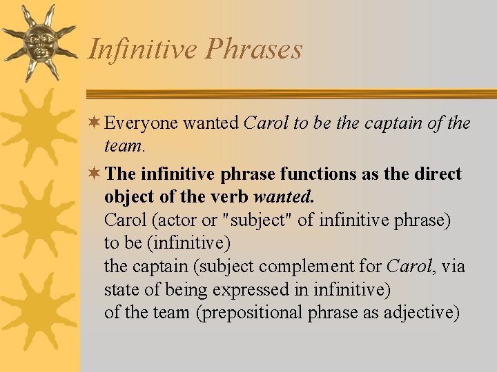 Infinitive Phrases ¬ Everyone wanted Carol to be the captain of the team. ¬