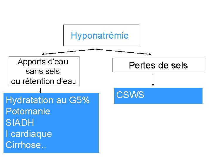 Hyponatrémie Apports d’eau sans sels ou rétention d’eau Hydratation au G 5% Potomanie SIADH