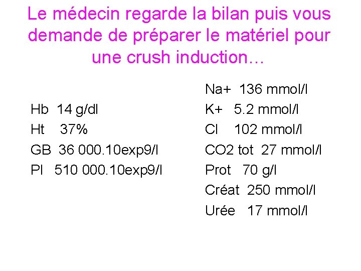 Le médecin regarde la bilan puis vous demande de préparer le matériel pour une