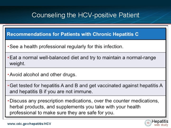 Counseling the HCV-positive Patient www. cdc. gov/hepatitis/HCV Hepatitis web study 
