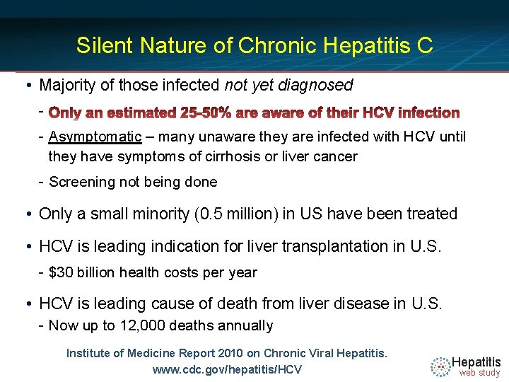 Silent Nature of Chronic Hepatitis C • Majority of those infected not yet diagnosed