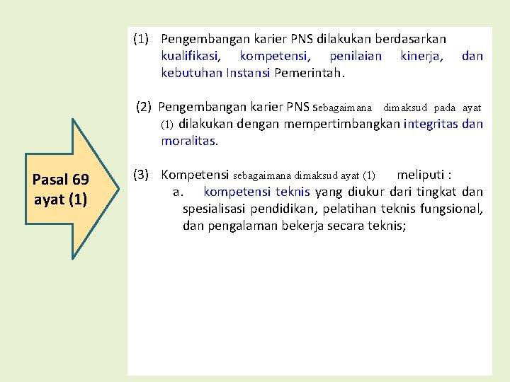 (1) Pengembangan karier PNS dilakukan berdasarkan kualifikasi, kompetensi, penilaian kinerja, kebutuhan Instansi Pemerintah. dan