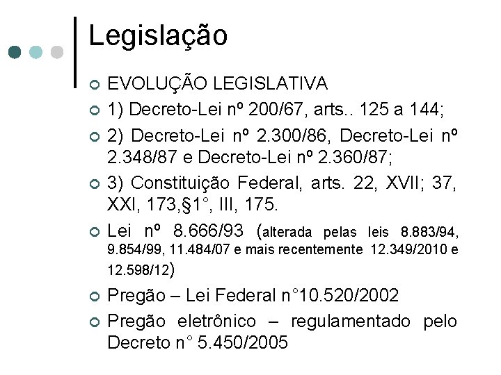 Legislação ¢ ¢ ¢ EVOLUÇÃO LEGISLATIVA 1) Decreto-Lei nº 200/67, arts. . 125 a