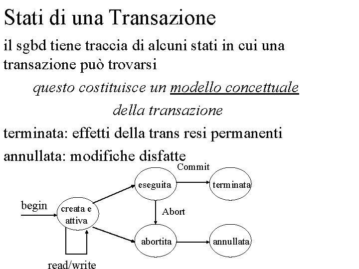 Stati di una Transazione il sgbd tiene traccia di alcuni stati in cui una