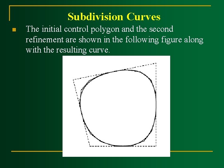 Subdivision Curves n The initial control polygon and the second refinement are shown in