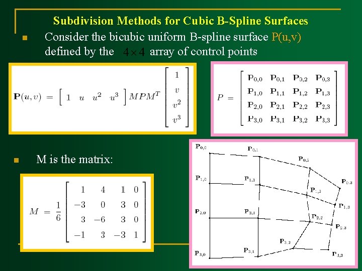 n n Subdivision Methods for Cubic B Spline Surfaces Consider the bicubic uniform B