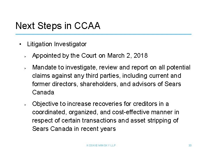 Next Steps in CCAA • Litigation Investigator > > > Appointed by the Court