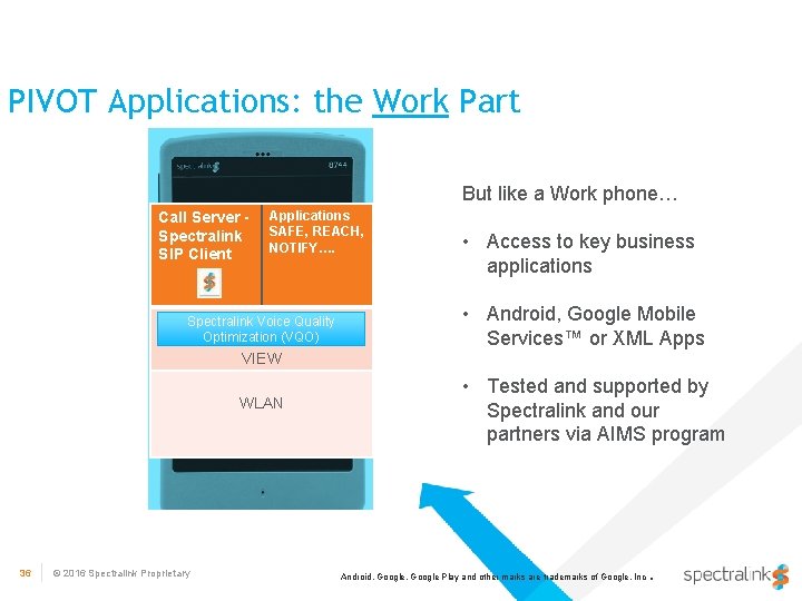 PIVOT Applications: the Work Part But like a Work phone… Call Server Spectralink SIP