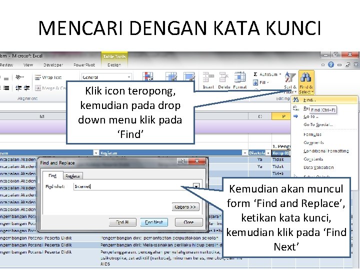 MENCARI DENGAN KATA KUNCI Klik icon teropong, kemudian pada drop down menu klik pada