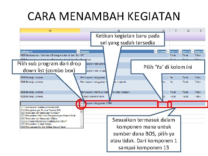 CARA MENAMBAH KEGIATAN Ketikan kegiatan baru pada sel yang sudah tersedia Pilih sub program