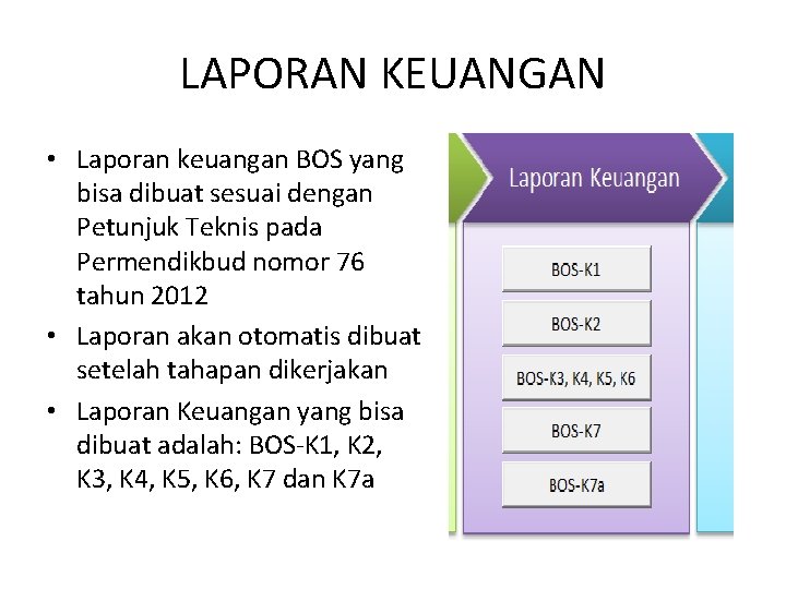 LAPORAN KEUANGAN • Laporan keuangan BOS yang bisa dibuat sesuai dengan Petunjuk Teknis pada