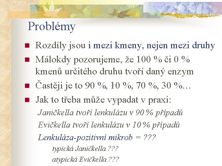 Problémy n n Rozdíly jsou i mezi kmeny, nejen mezi druhy Málokdy pozorujeme, že