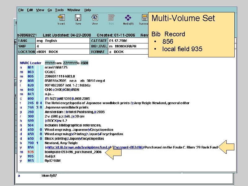 Multi-Volume Set Bib Record • 856 • local field 935 