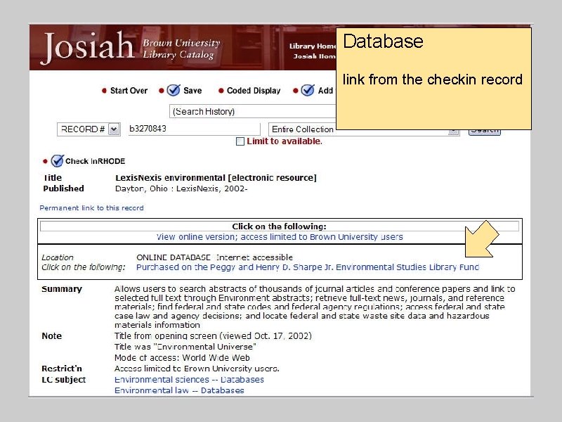 Database link from the checkin record 
