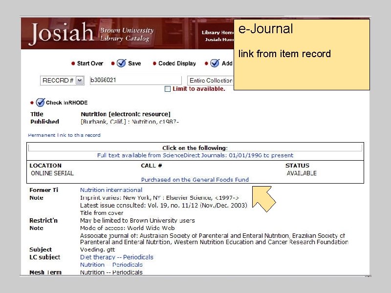 e-Journal I link from item record • 856 • new field: f - fund