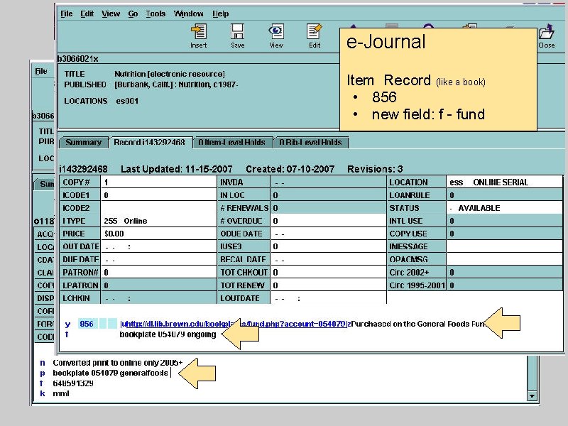 e-Journal Item Record (like a book) • 856 • new field: f - fund