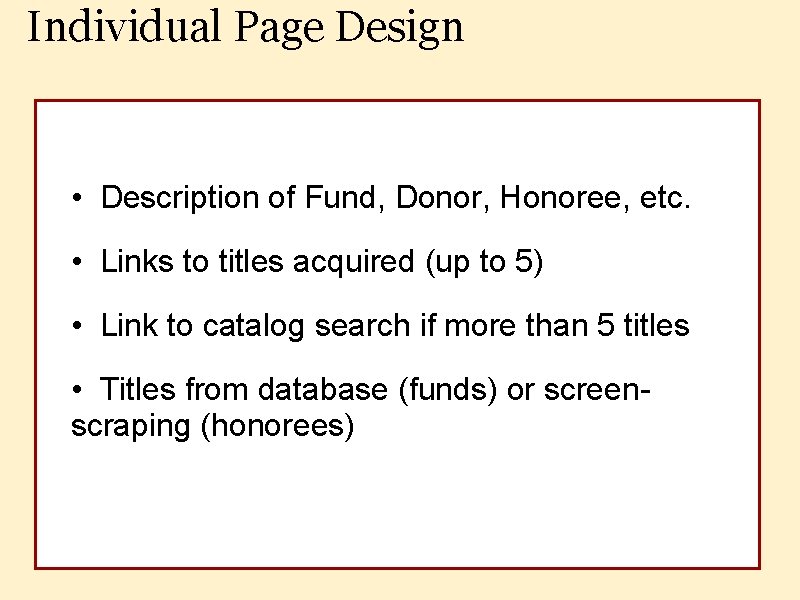 Individual Page Design • Description of Fund, Donor, Honoree, etc. • Links to titles