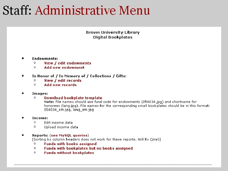 Staff: Administrative Menu 