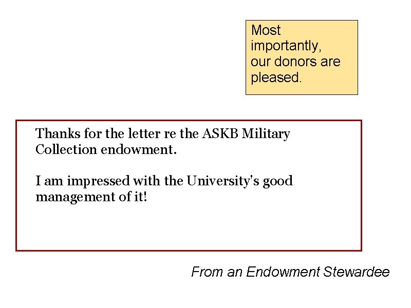 Most importantly, our donors are pleased. Thanks for the letter re the ASKB Military