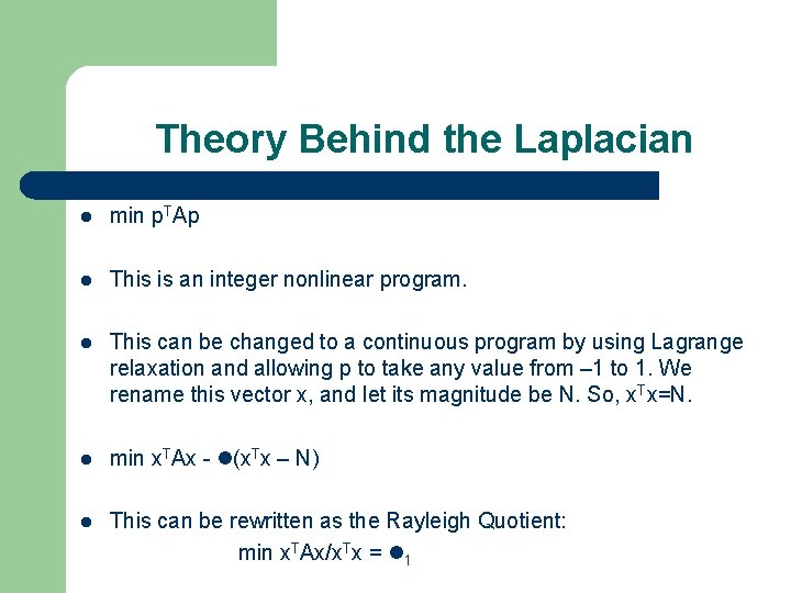 Theory Behind the Laplacian min p. TAp This is an integer nonlinear program. This