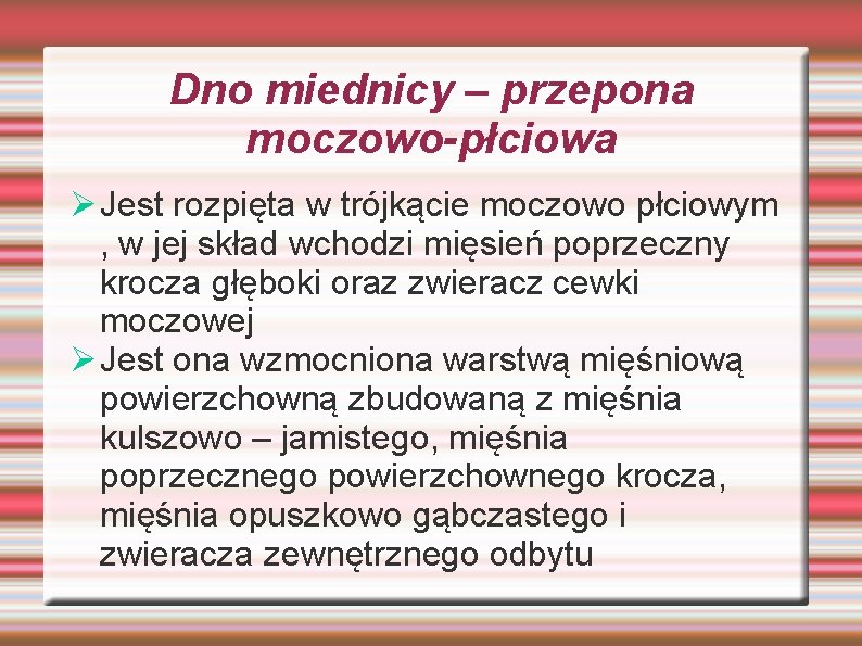 Dno miednicy – przepona moczowo-płciowa Ø Jest rozpięta w trójkącie moczowo płciowym , w Dno miednicy – przepona moczowo-płciowa Ø Jest rozpięta w trójkącie moczowo płciowym , w