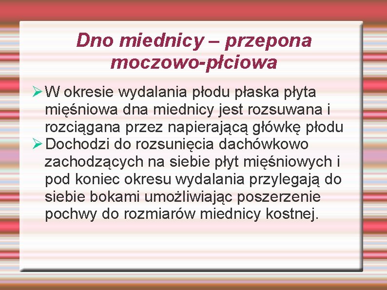 Dno miednicy – przepona moczowo-płciowa Ø W okresie wydalania płodu płaska płyta mięśniowa dna Dno miednicy – przepona moczowo-płciowa Ø W okresie wydalania płodu płaska płyta mięśniowa dna