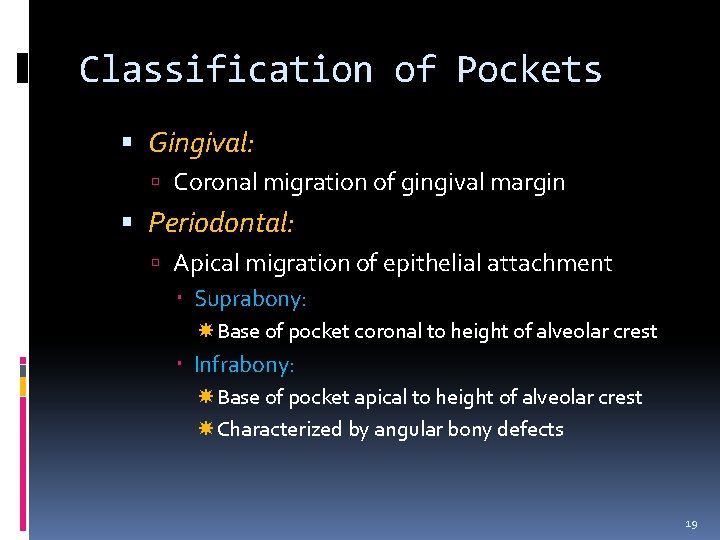 Classification of Pockets Gingival: Coronal migration of gingival margin Periodontal: Apical migration of epithelial
