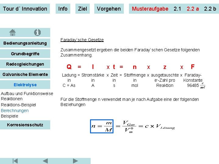 Tour d´ Innovation Bedienungsanleitung Grundbegriffe Redoxgleichungen Galvanische Elemente Elektrolyse Aufbau und Funktionsweise Reaktionen Reaktions-Beispiel