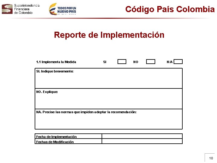 Código País Colombia Reporte de Implementación 1. 1 Implementa la Medida SI SI. Indique