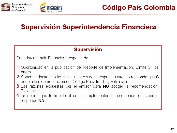 Código País Colombia Supervisión Superintendencia Financiera respecto de: 1. Oportunidad en la publicación del