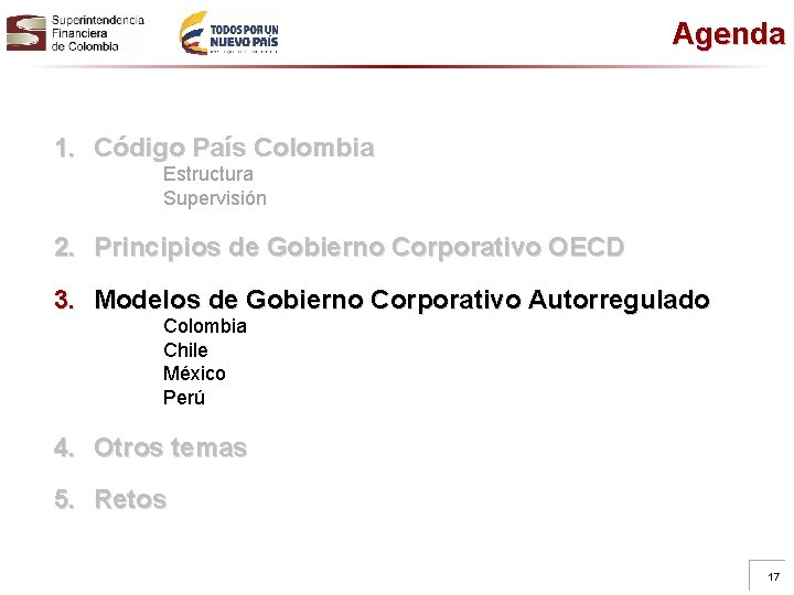 Agenda 1. Código País Colombia Estructura Supervisión 2. Principios de Gobierno Corporativo OECD 3.