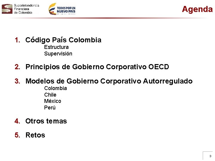 Agenda 1. Código País Colombia Estructura Supervisión 2. Principios de Gobierno Corporativo OECD 3.