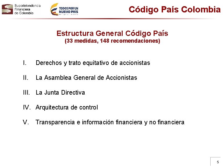 Código País Colombia Estructura General Código País (33 medidas, 148 recomendaciones) I. Derechos y
