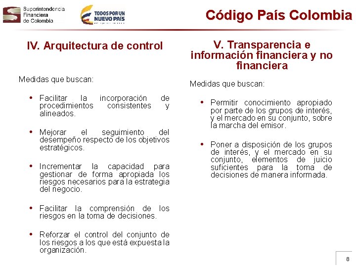 Código País Colombia IV. Arquitectura de control Medidas que buscan: • Facilitar la incorporación