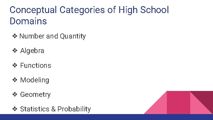 Conceptual Categories of High School Domains ❖ Number and Quantity ❖ Algebra ❖ Functions