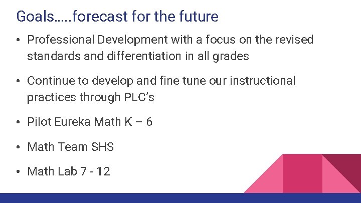 Goals…. . forecast for the future • Professional Development with a focus on the