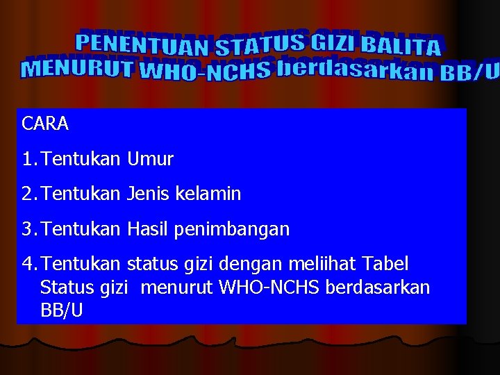 CARA 1. Tentukan Umur 2. Tentukan Jenis kelamin 3. Tentukan Hasil penimbangan 4. Tentukan