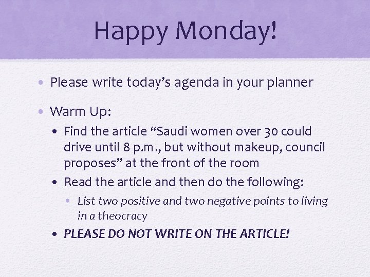 Happy Monday! • Please write today’s agenda in your planner • Warm Up: •