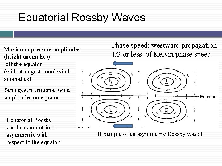 � Equatorial Rossby Waves Maximum pressure amplitudes (height anomalies) off the equator (with strongest