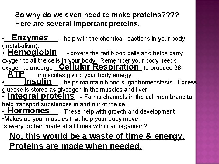 So why do we even need to make proteins? ? Here are several important