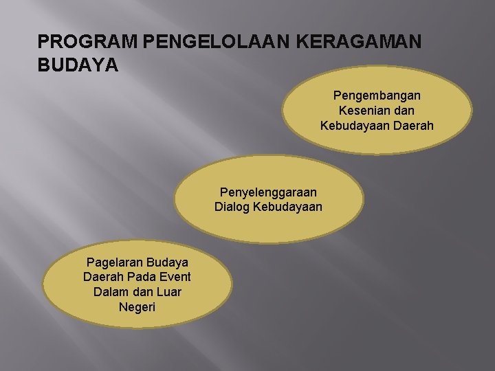 PROGRAM PENGELOLAAN KERAGAMAN BUDAYA Pengembangan Kesenian dan Kebudayaan Daerah Penyelenggaraan Dialog Kebudayaan Pagelaran Budaya