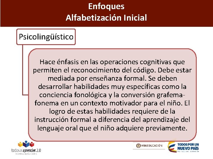 Enfoques Alfabetización Inicial Psicolingüístico Hace énfasis en las operaciones cognitivas que permiten el reconocimiento