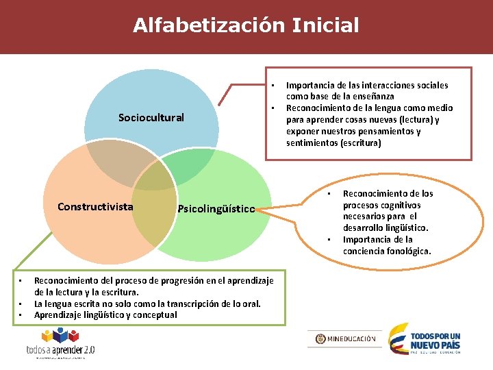 Alfabetización Inicial • Sociocultural Constructivista • Importancia de las interacciones sociales como base de