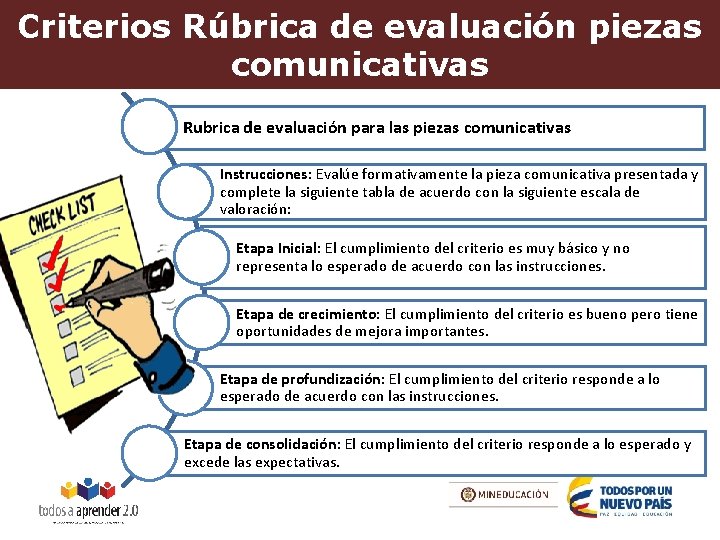 Criterios Rúbrica de evaluación piezas comunicativas Rubrica de evaluación para las piezas comunicativas Instrucciones: