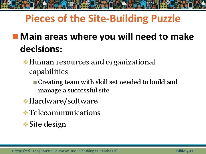 Pieces of the Site-Building Puzzle n Main areas where you will need to make